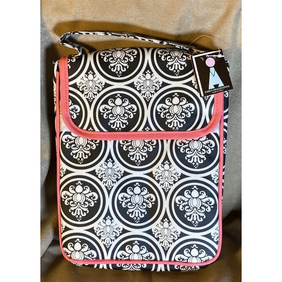 Insulated Lunch Sack NWT Vinyl Black and White Rococo Cabbage Rose with Pink - Picture 1 of 4